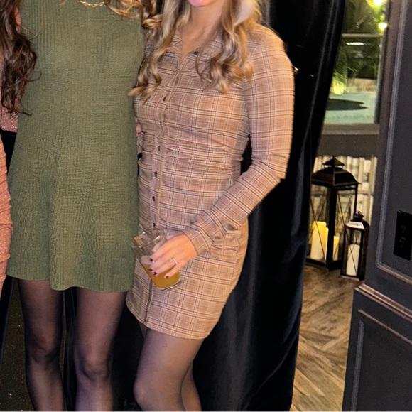 *5/$20 or 3/$15* Brown Plaid Long Sleeve Button Up Mini Dress - Picture 3 of 5